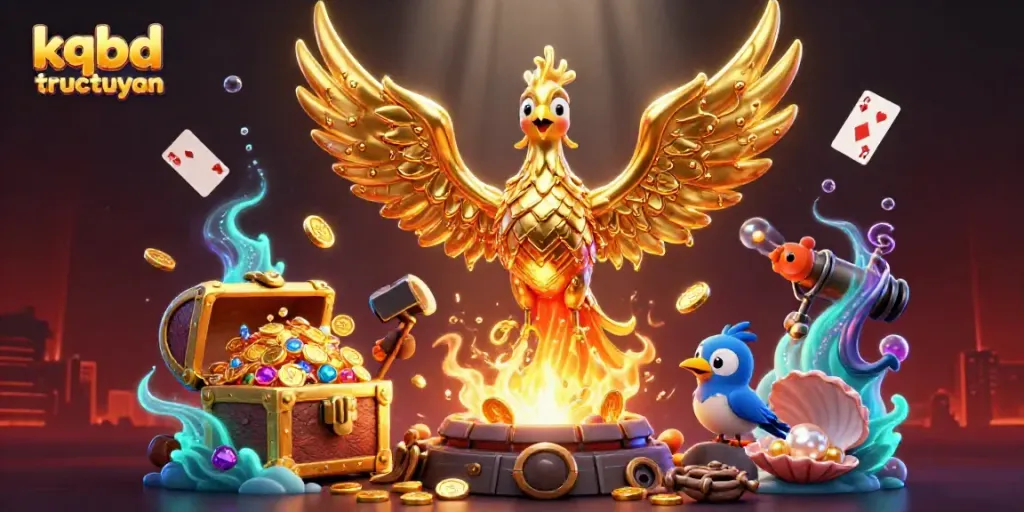 Experience kqbd tructuyen with a 3D golden phoenix among casino treasures and vibrant gaming elements.