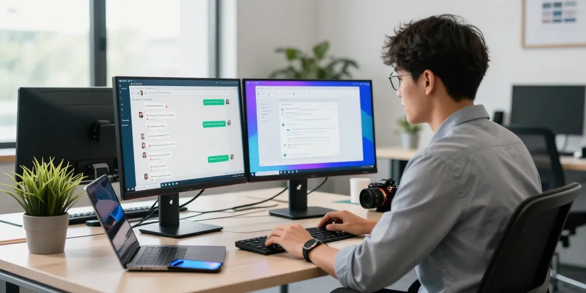 Engaging WhatsApp網頁版 workspace with a professional using dual monitors and vibrant office setting