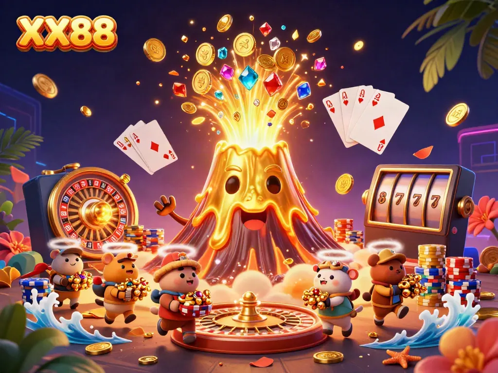 Experience the excitement of winning with XX88's vibrant casino-themed illustration showcasing treasure and games.