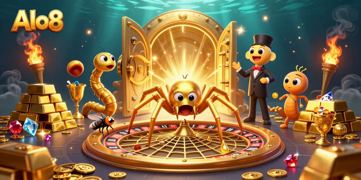 Engaging Alo8 casino experience with a golden spider and centipede croupier in a lively roulette scene.