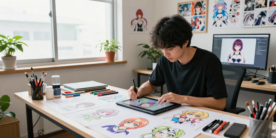 Anime artist creating ai ecchi illustrations in a vibrant studio filled with art supplies and character sketches.