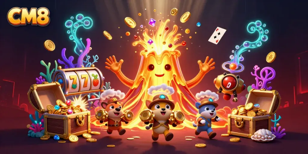 CM8 showcases a triumphant volcano spilling treasure and slot reel symbols in a captivating casino scene.