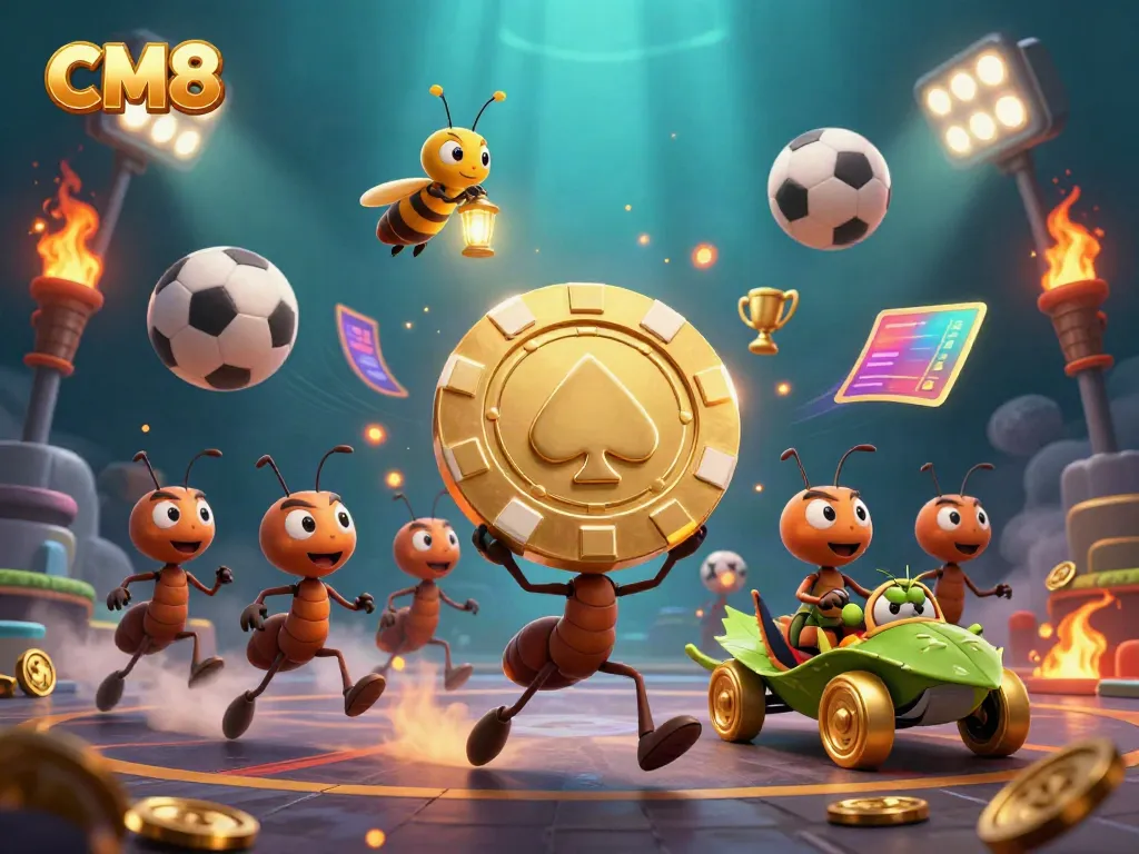 CM8 offers an engaging casino atmosphere with ants heisting a gold poker chip.