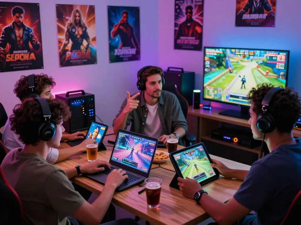 Friends enjoying gay porn games together in a vibrant gaming room.
