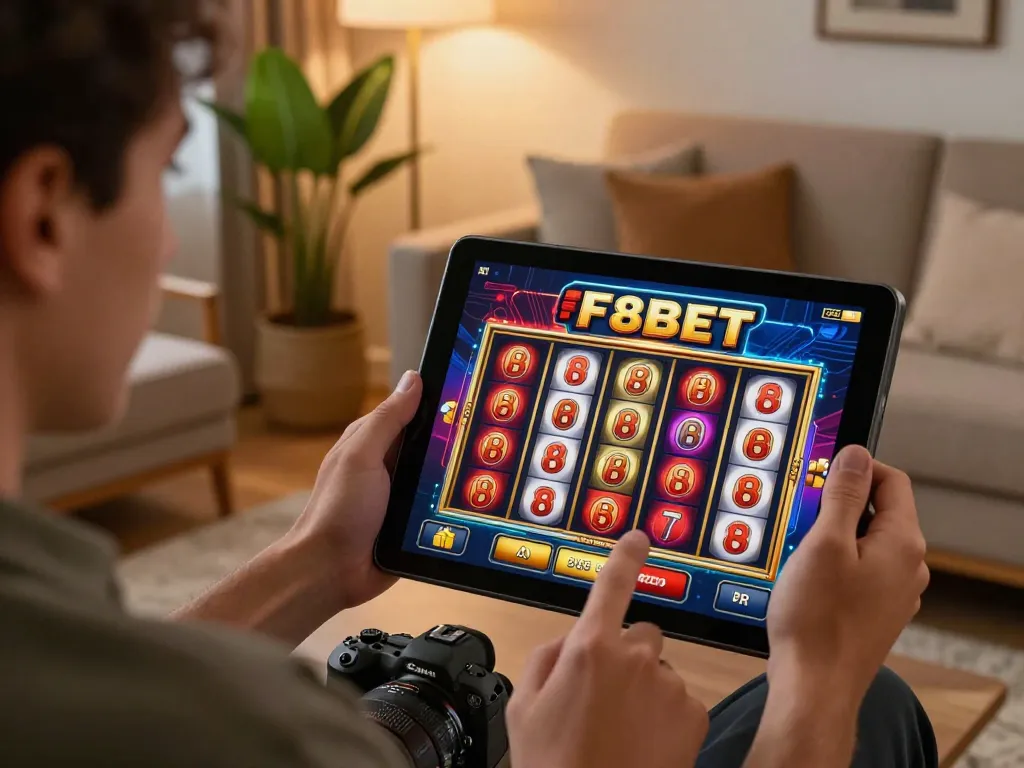 Engaging user playing slots on F8BET app in a cozy home setting.