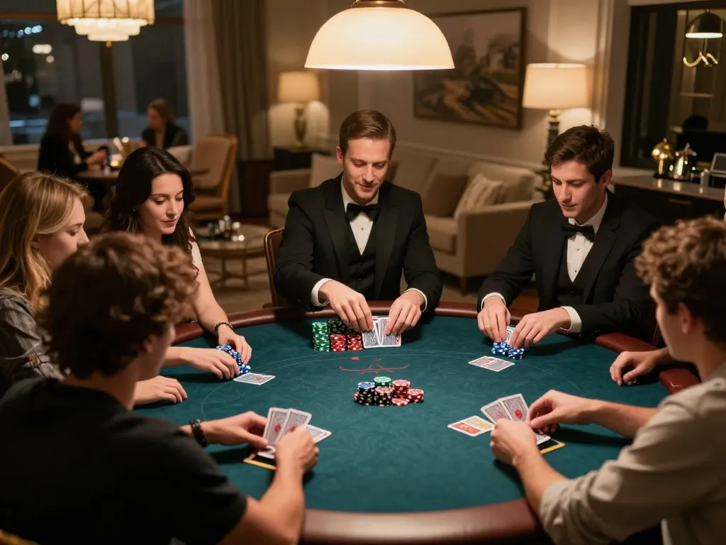 RR88 poker game in an elegant setup with friends engaging excitedly at the table.
