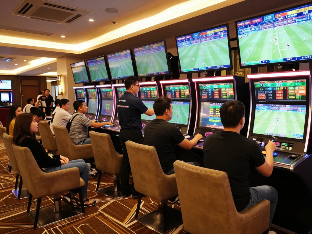 Excited bettors engaging in keo nha cai hom nay at a busy sports betting venue with live screens.