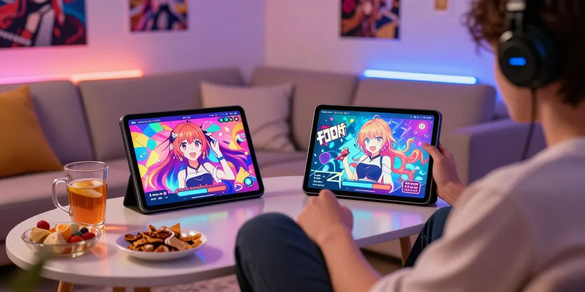 Engaging gameplay in an ecchi game on a tablet in a cozy room with vibrant colors.
