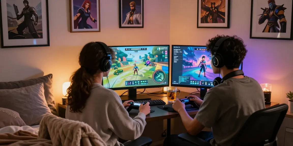 Cozy bedroom scene showing a player immersed in an nsfw game, with vibrant graphics and warm ambient lighting.