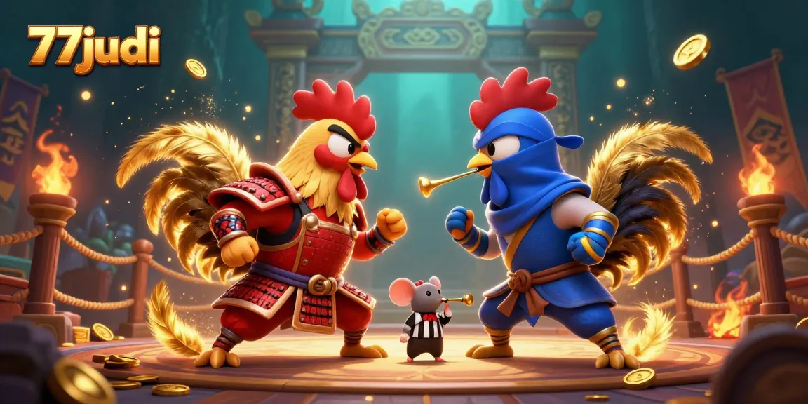 Engage in thrilling battles at 77judi with animated roosters, golden feathers, and vibrant casino elements.