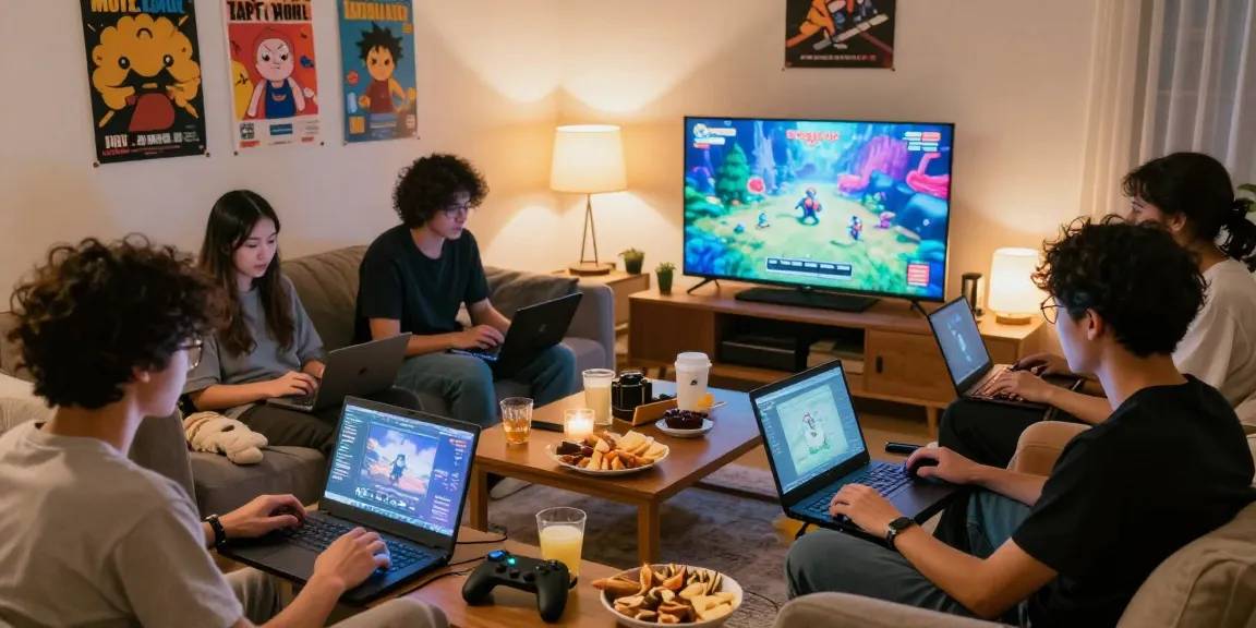 Friends enjoying hentaigame night with snacks and vibrant game graphics.