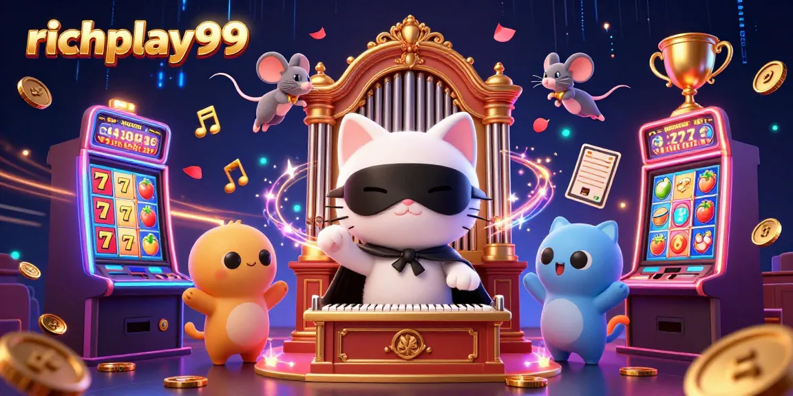 Engage with richplay99 casino magic through dynamic slot machines, trophies, and floating musical notes.