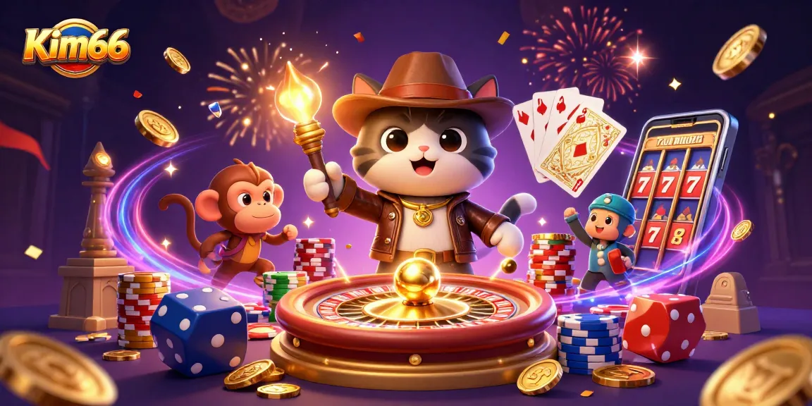 Join the exciting adventures of Kim66 as a cat explorer uncovers treasures in a casino-themed temple.