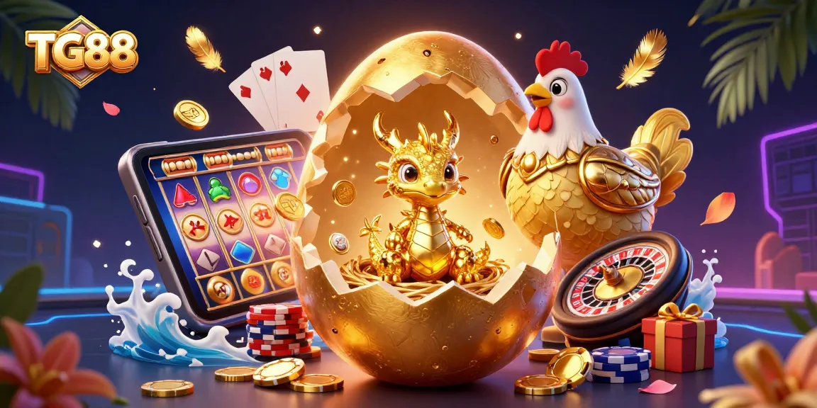 Experience winning thrills with TG88's vibrant cartoon dragon on poker chips amidst dynamic casino elements.