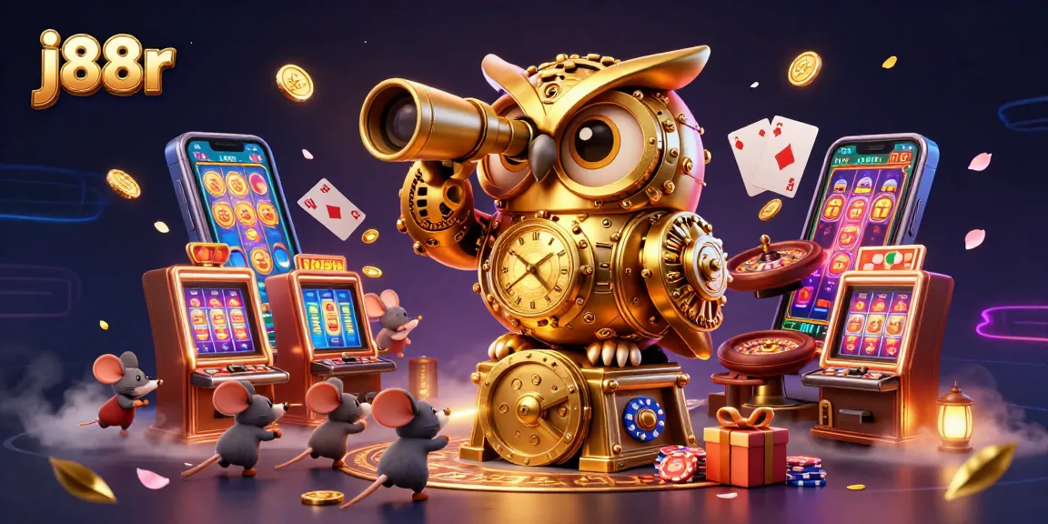 Spin into action with j88r's vibrant illustration, showcasing a whimsical casino atmosphere with a golden owl, slot machines, and rich details.