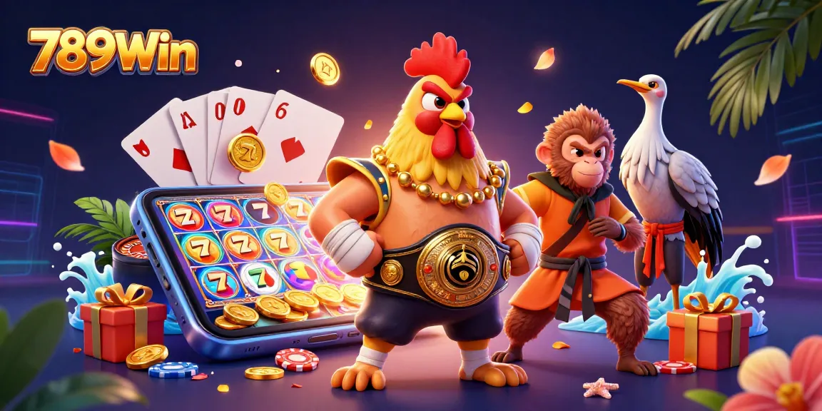 Experience thrilling gameplay with 789Win's vibrant online casino illustration showcasing exciting slot games and dynamic characters.
