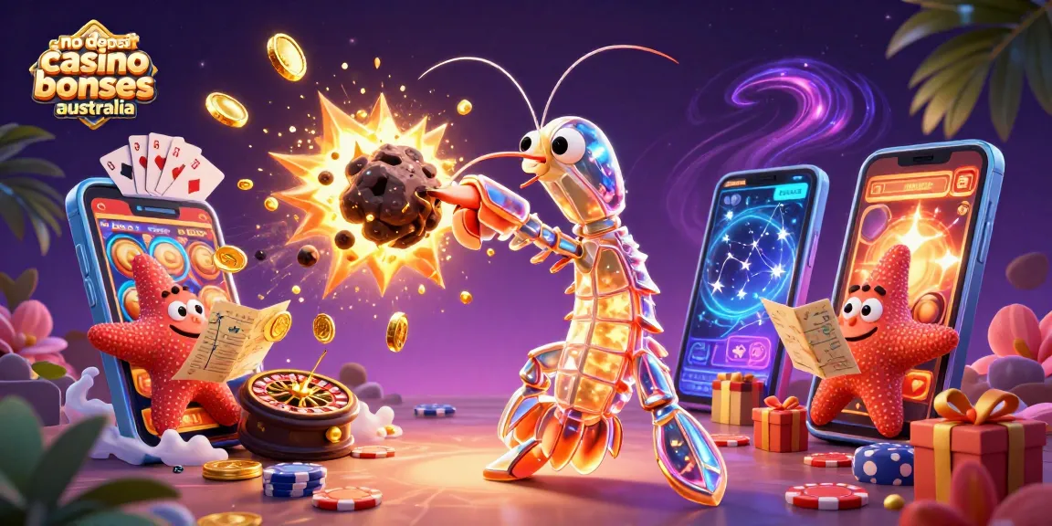 No deposit casino bonuses australia with a galactic samurai mantis shrimp and navigator starfish amidst vibrant 3D gaming elements.