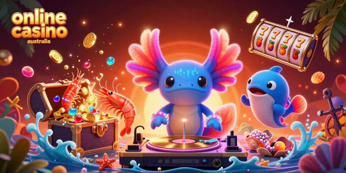 Exciting online casino australia scene featuring an axolotl DJ and dancing sea creatures.