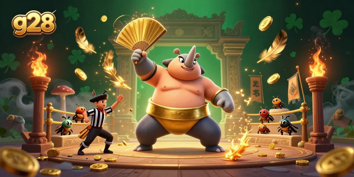 g28 interactive illustration of a rhinoceros beetle sumo champion amidst a dynamic casino scene