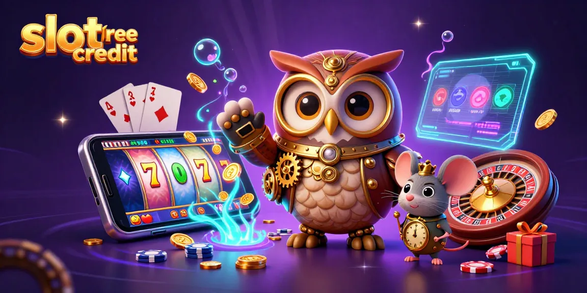 Find slot free credit offers in this vibrant 3D digital illustration featuring casino elements.