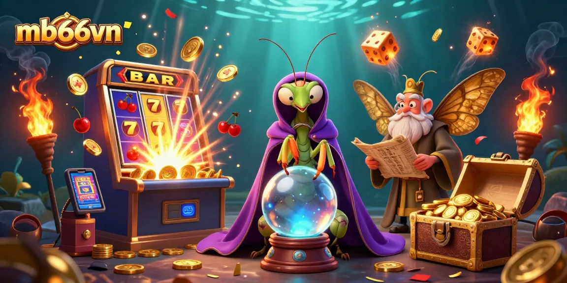 Engage in the thrilling world of mb66vn with a vibrant casino scene featuring fortune tellers and slot machines.