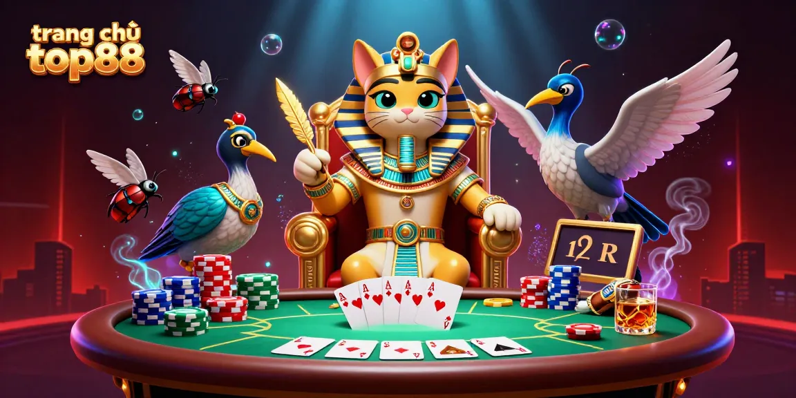Play exciting games at trang chủ top88 with a pharaoh cat, poker table, and vibrant casino elements.