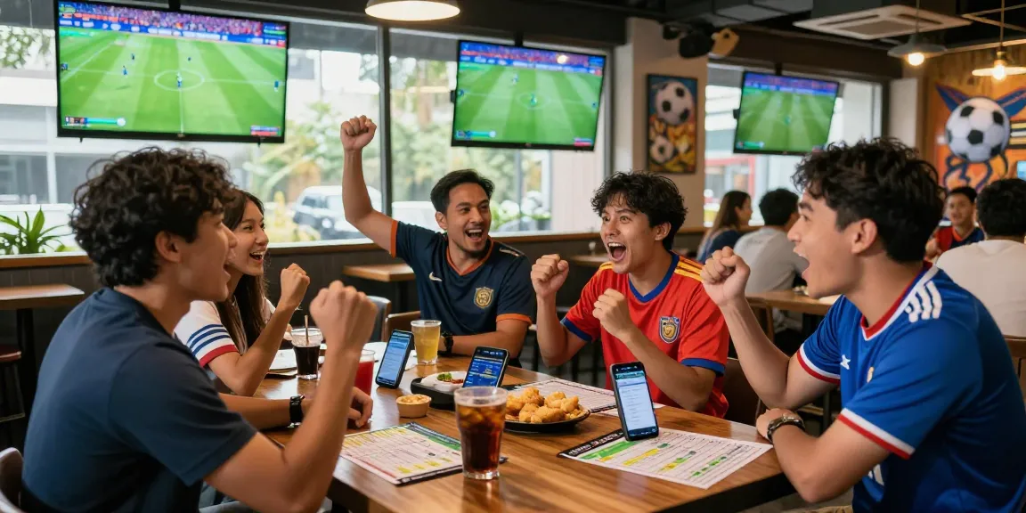 Football betting Malaysia scene in a sports bar with fans cheering and engaging.