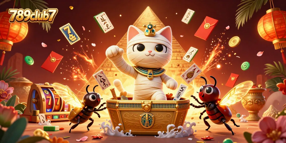 Experience excitement at 789club7 with an Egyptian mummy cat emerging in a vibrant casino scene.