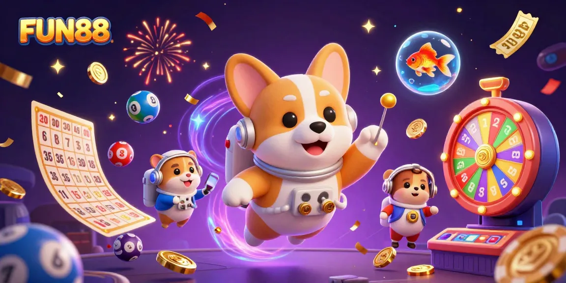 Experience the excitement of FUN88 with vibrant casino elements and whimsical characters in a dynamic casino scene.
