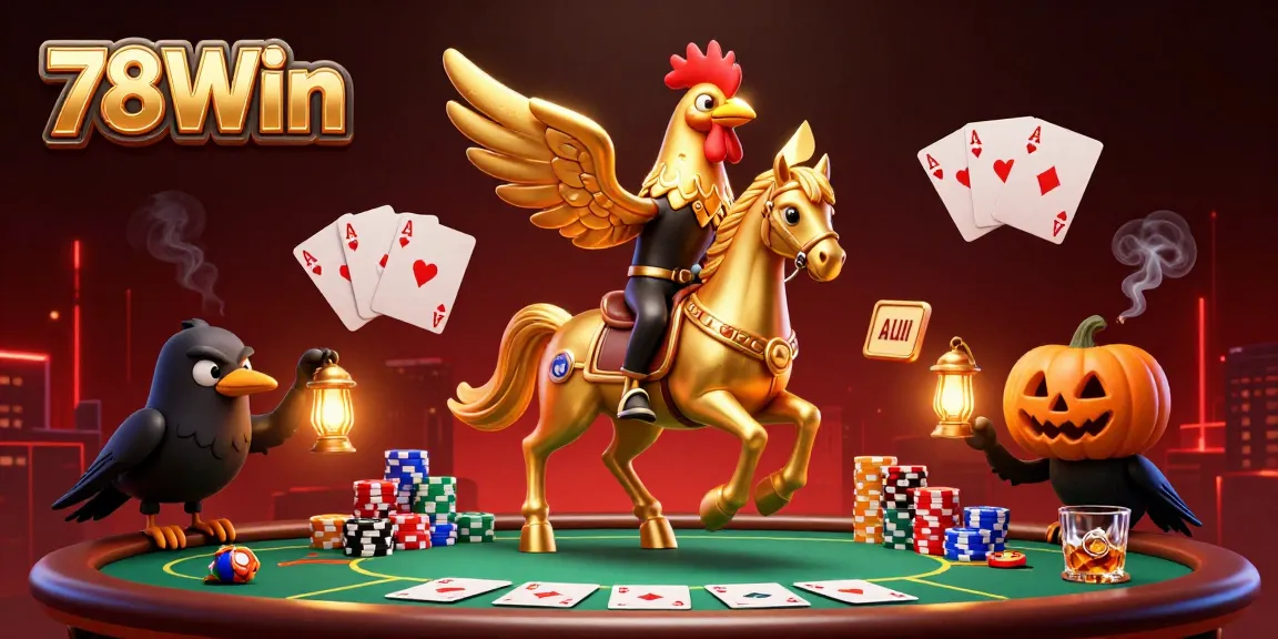 Experience 78Win's thrilling casino atmosphere with a golden rooster in action surrounded by poker elements.