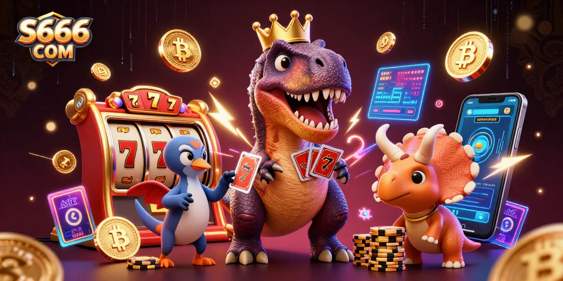S666 COM showcases a fun casino scene with a friendly T-Rex card shuffling and a baby triceratops stacking chips.