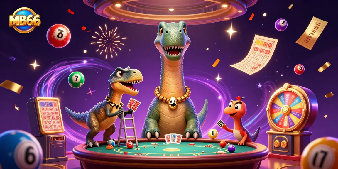 MB66 features a playful casino scene with a giant brontosaurus interacting with a clever raptor dealer.