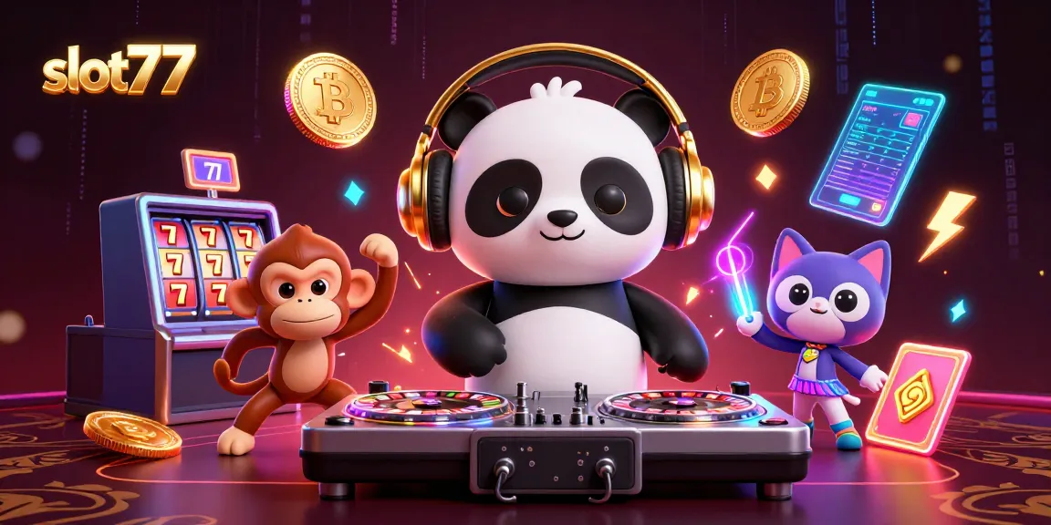 Spin to win big with slot777, featuring a DJ panda and lively casino elements in a vibrant scene!