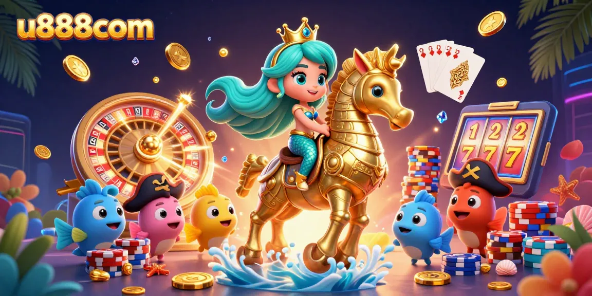 Engage with u888com's vibrant gaming experience featuring a mermaid princess, seahorse, and casino elements.