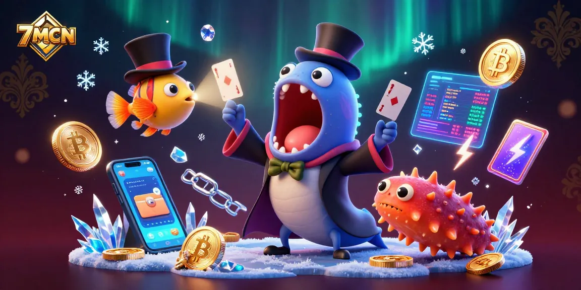 Watch the 7MCN bioluminescent eel performing card tricks amidst vibrant crypto elements in this whimsical scene.
