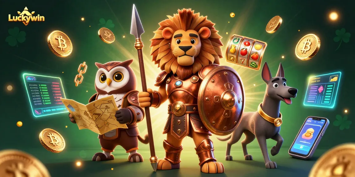 Luckywin showcases an engaging scene with a lion hero, owl strategist, and greyhound messenger amidst vibrant casino elements.