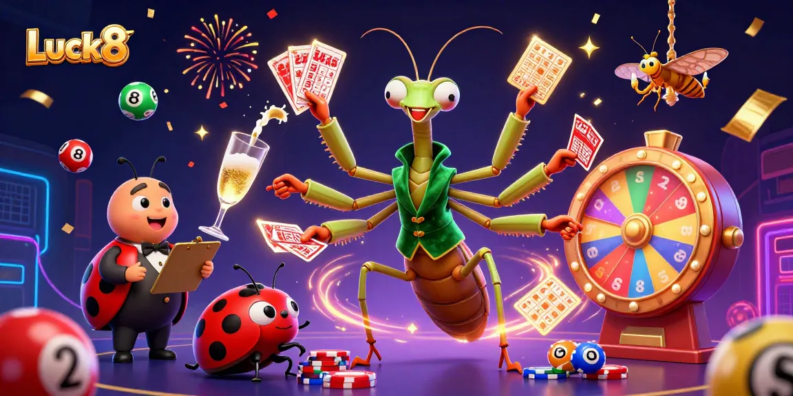 Engage with Luck8 in a vibrant casino scene filled with lottery balls, confetti, and colorful game elements.