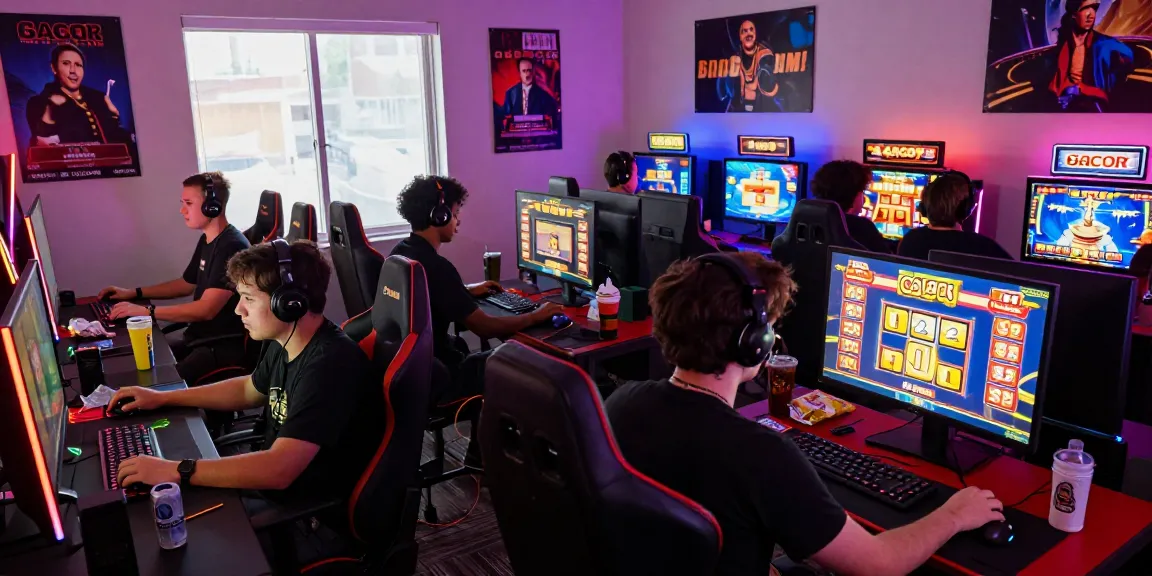 Players engaged in thrilling gameplay on slot gacor machines in a modern gaming setup, showcasing their excitement.