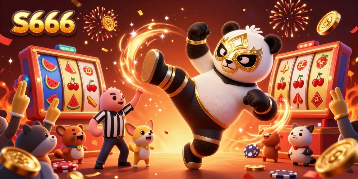 S666 engages players with an exciting scene of a wrestling panda in action, alongside colorful slot game elements.