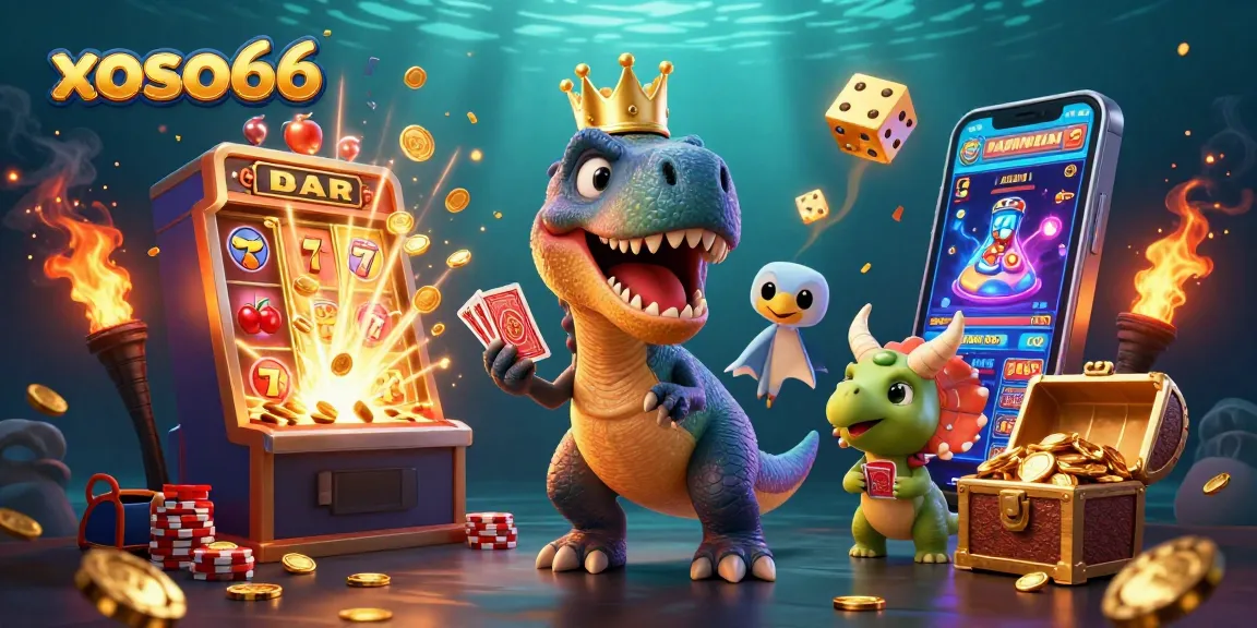 Engage in the excitement of xoso66 as a T-Rex shuffles cards with a pterodactyl assistant.
