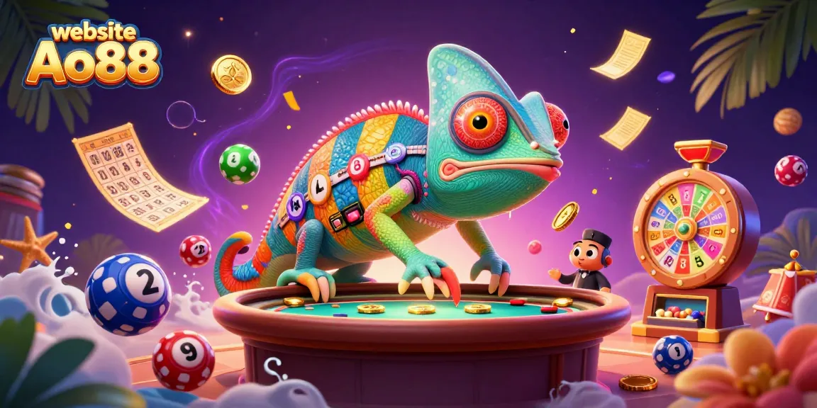 Experience vibrant gaming at the website Ao88 with a chameleon casino owner and dynamic prizes.