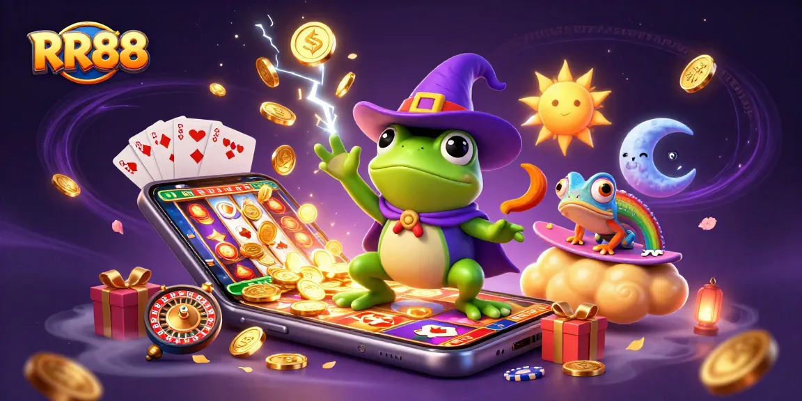 RR88 offers thrilling gaming experiences as a wizard frog unleashes coins and a chameleon surfs clouds.